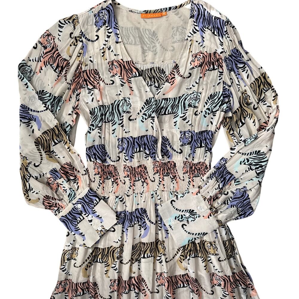 Oliphant Cuff Sleeve Smocked Waist Colorful Tiger Print Maxi Size Medium - Picture 6 of 10